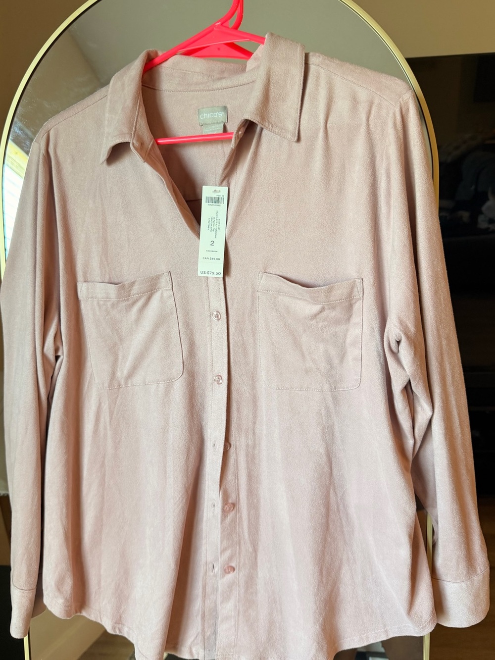 Chico's NWT Easy Shirt Faux Suede Button Down Venetian pink size 2 ( L12)